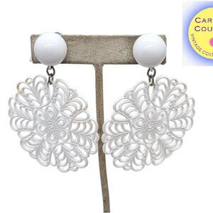 Vintage 1960s Signed Napier White Lucite Cut Out Drop Clip Earrings